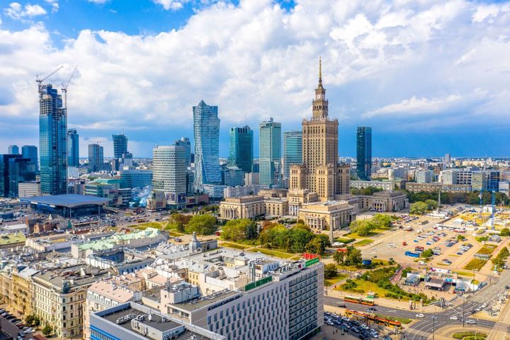Warsaw city skyline on a cloudy day.