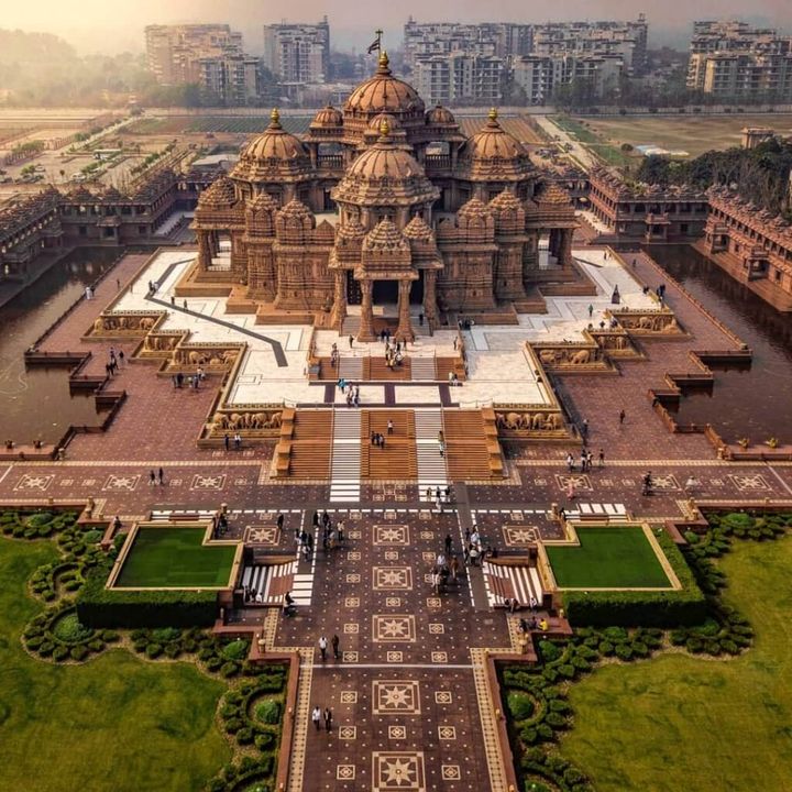 Ariel view of Akshardham Temple in New Delhi, India.