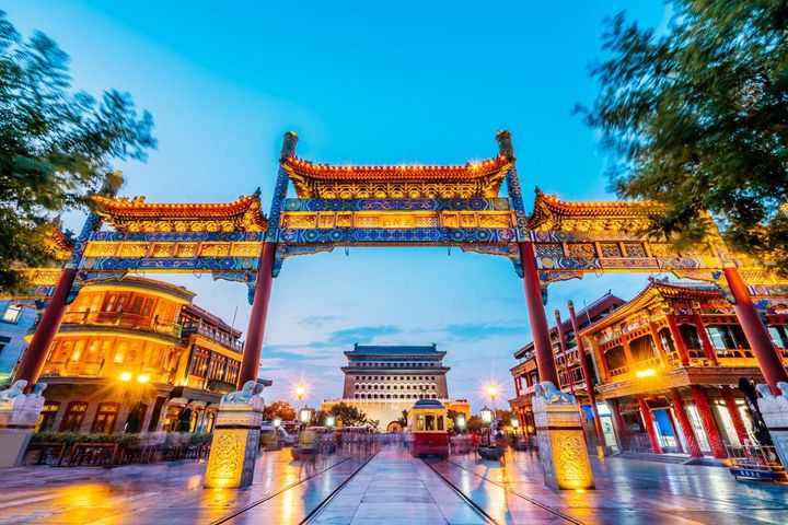 Beijing, China temple lit up at night.