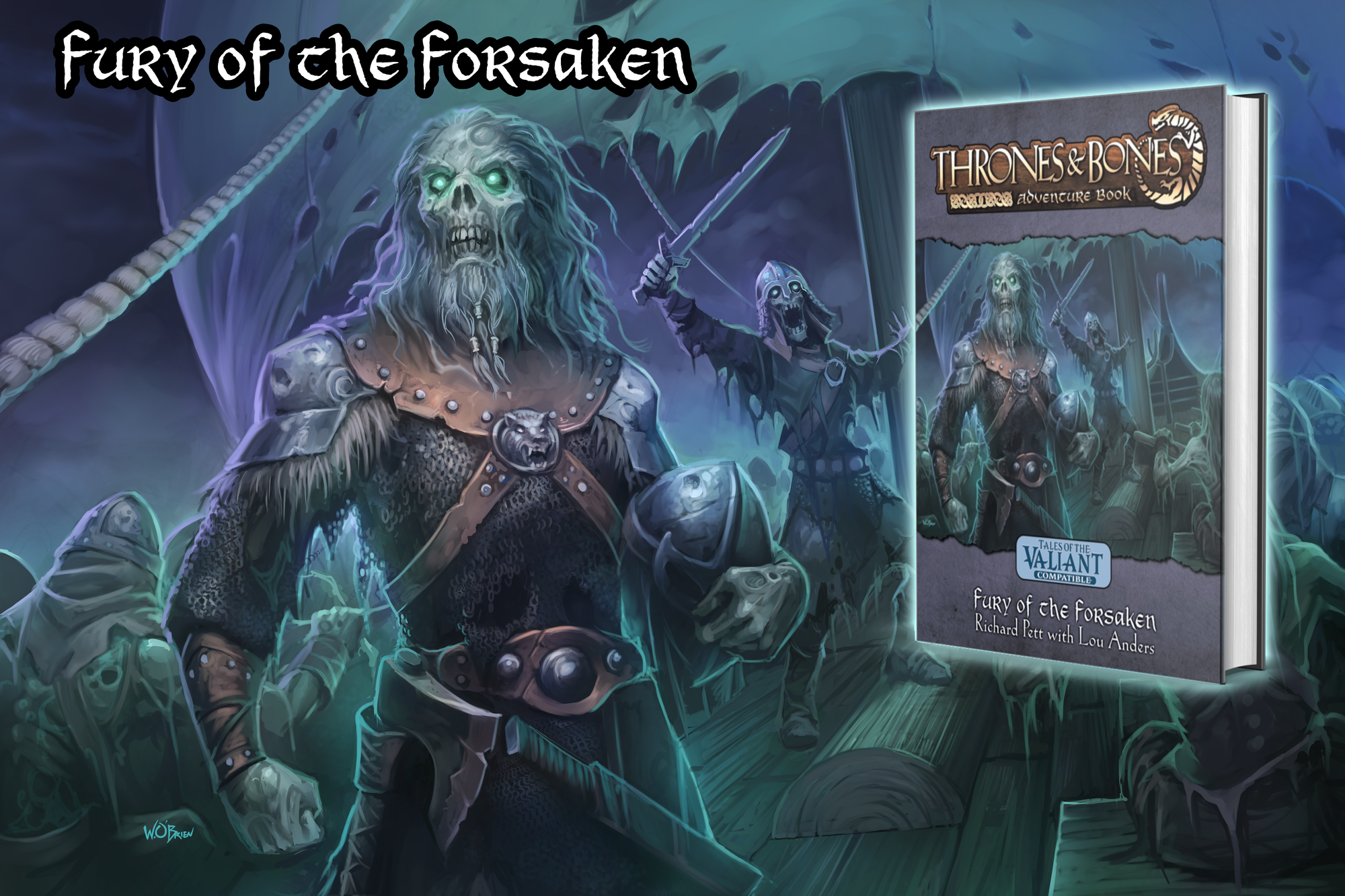 Image of a draugr on a longship crewed by the dead. Text "Fury of the Forsaken" and an image of the book cover.