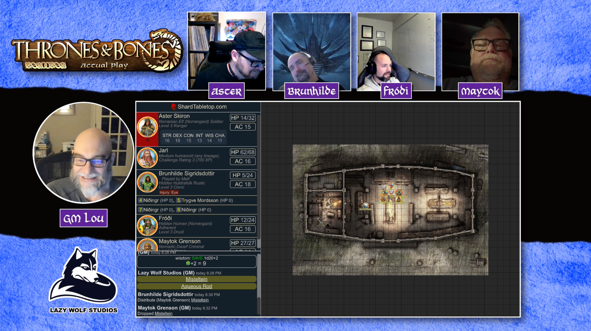 Screen capture of a test session showing the GM, players, logo, and VTT feed.