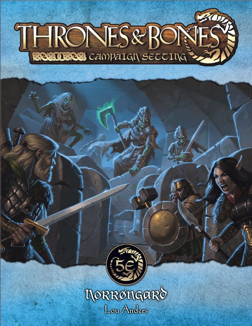 Cover of the original setting guide. Art shows a team of Nordic adventurers confronting undead dragger in a barrow.