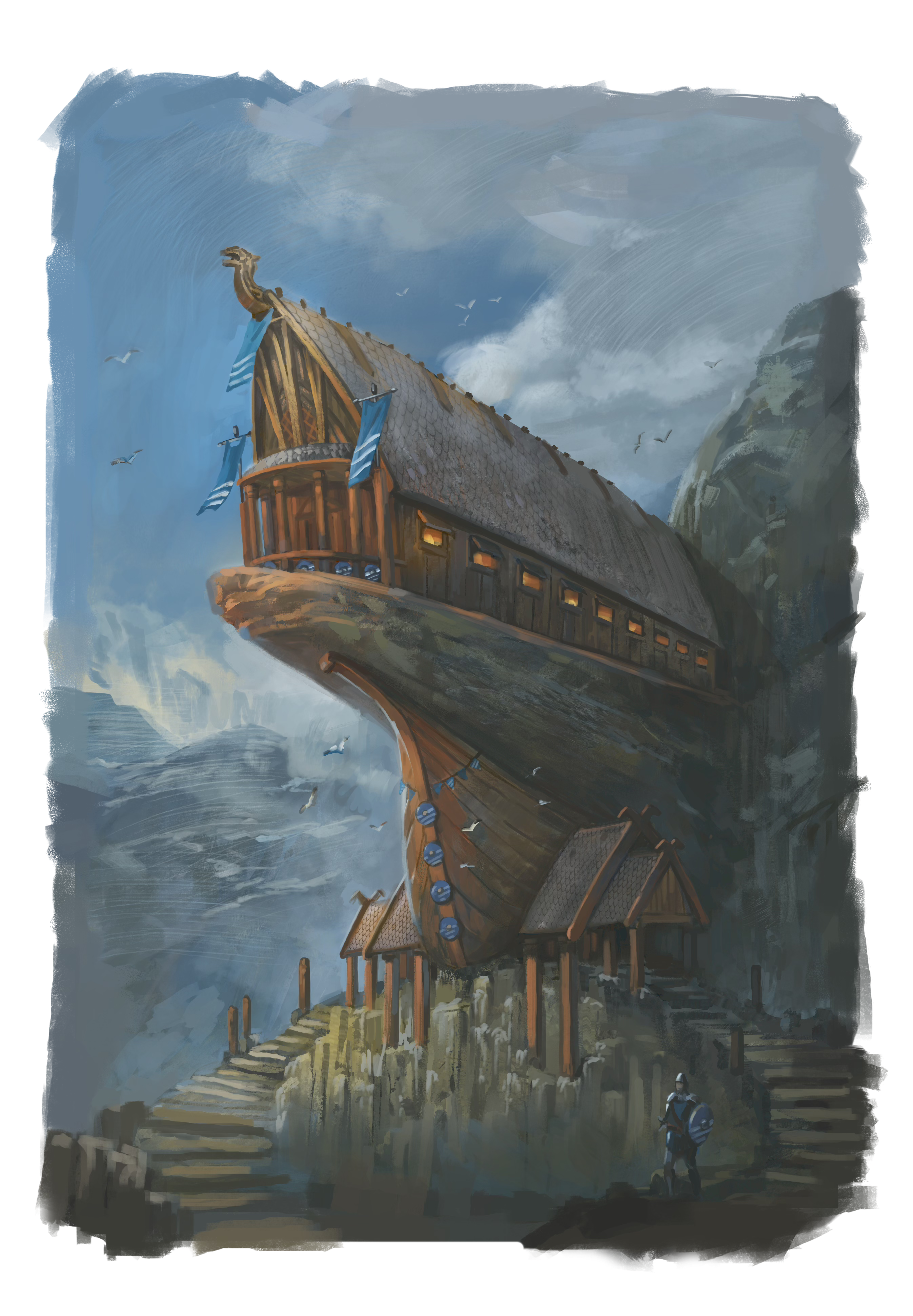 A longhouse on a tongue of rock jutting perpendicular out of a mountain side.