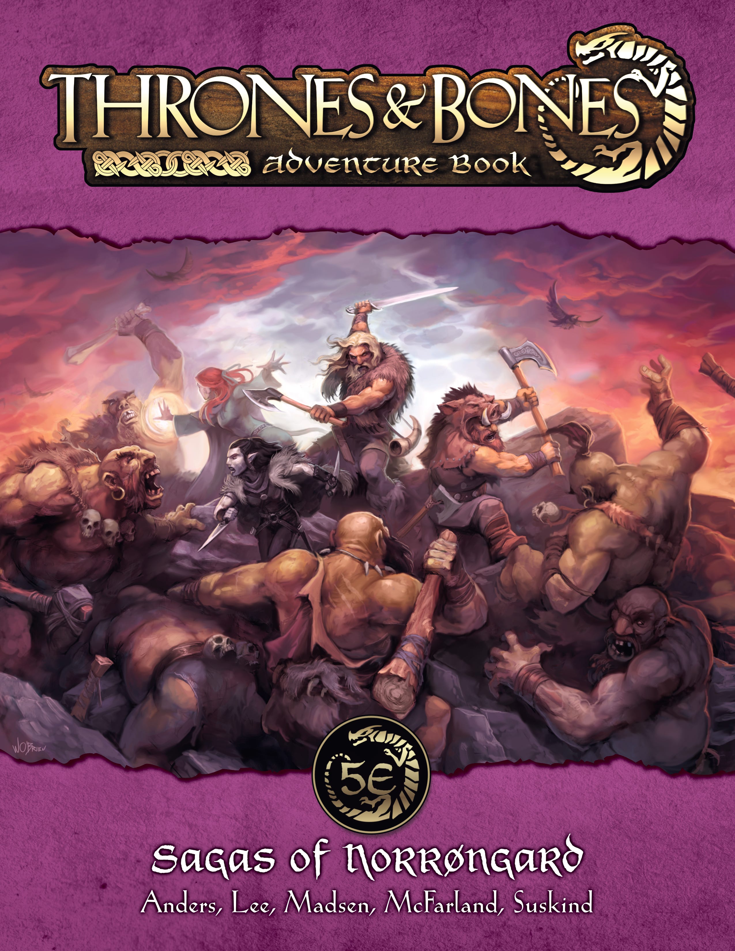 The cover of Sagas of Norrøngard featuring a team of heroes fighting an army of trolls.