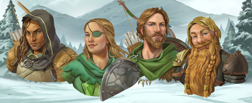 An elf, a huldra (appears human), a human, and a dwarf.