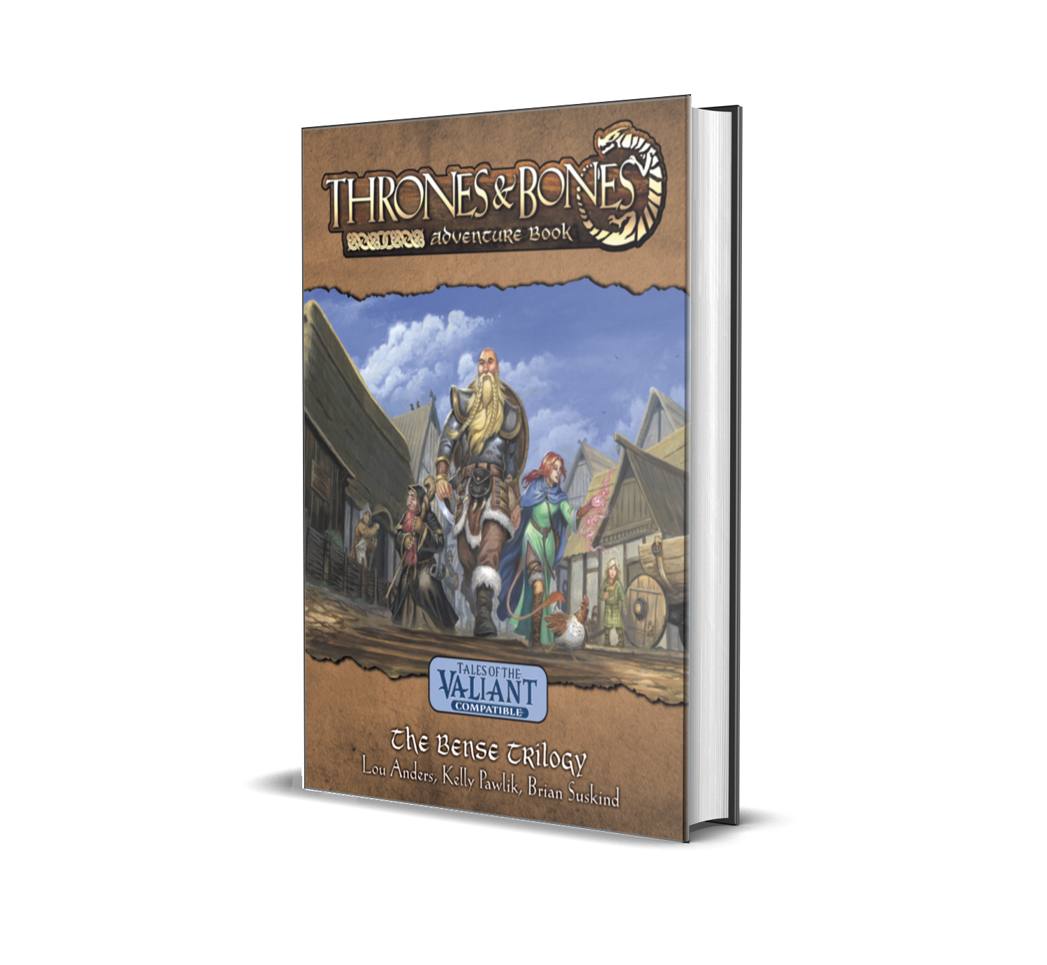The cover of The Bense Trilogy showing Norse-like heroes in a Viking town