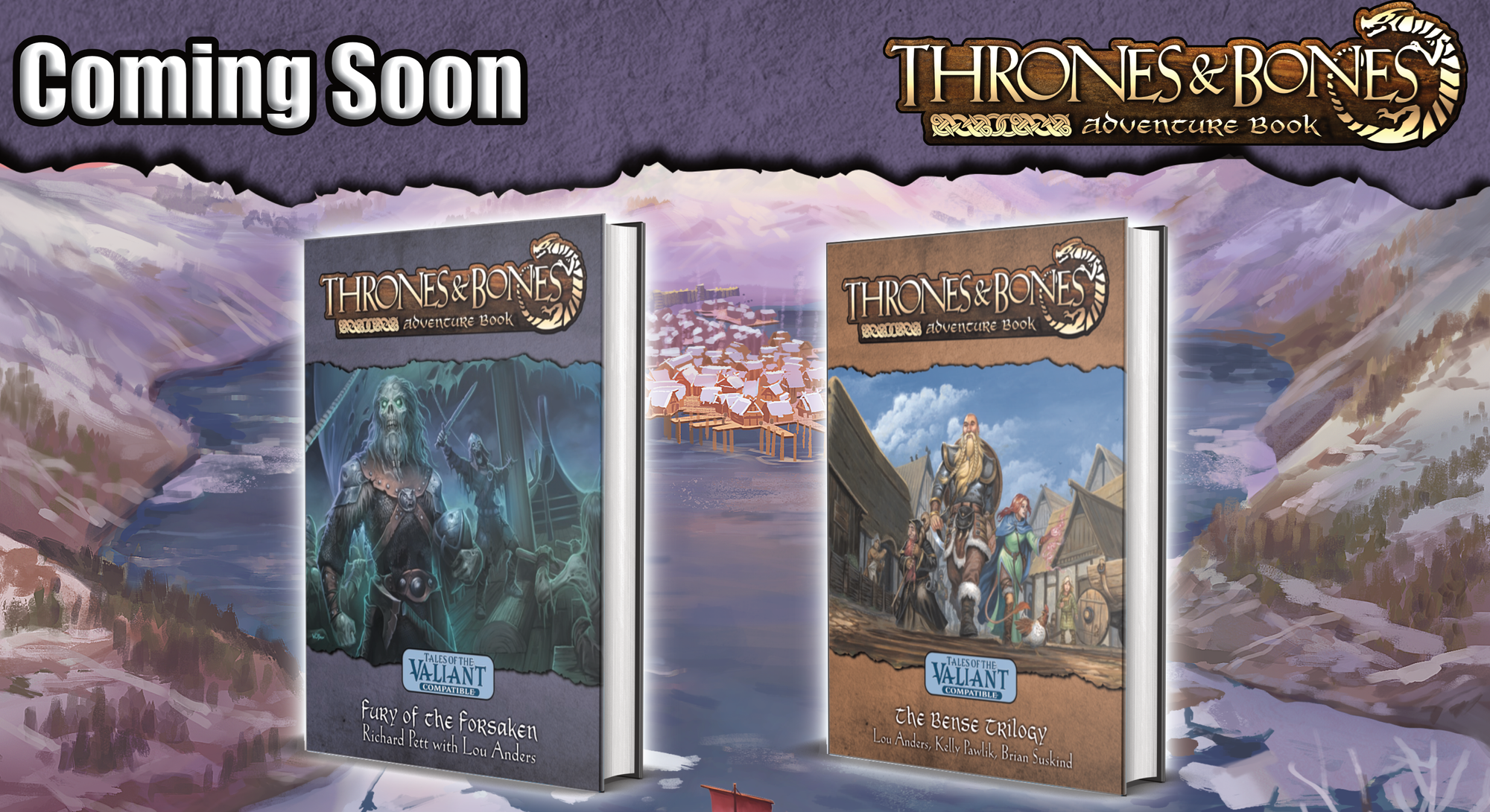 Coming Soon: Thrones & Bones Adventure Book. Image: Two book covers against a town built on the waters of a fjord.