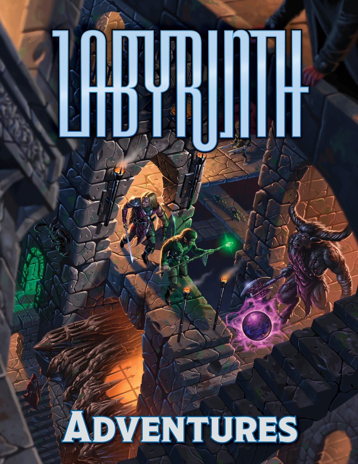 Adventurers wander through an Escher-esque maze about to confront a minotaur. 