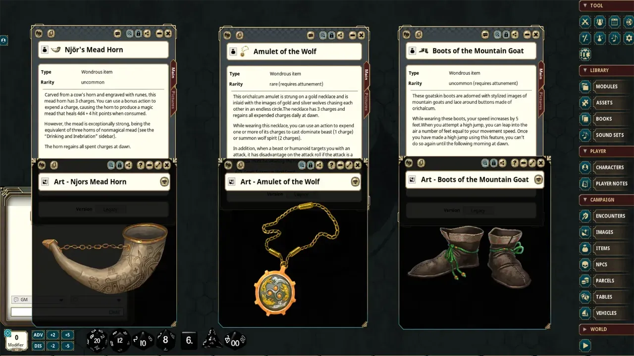Screenshot showing magic items in FG.