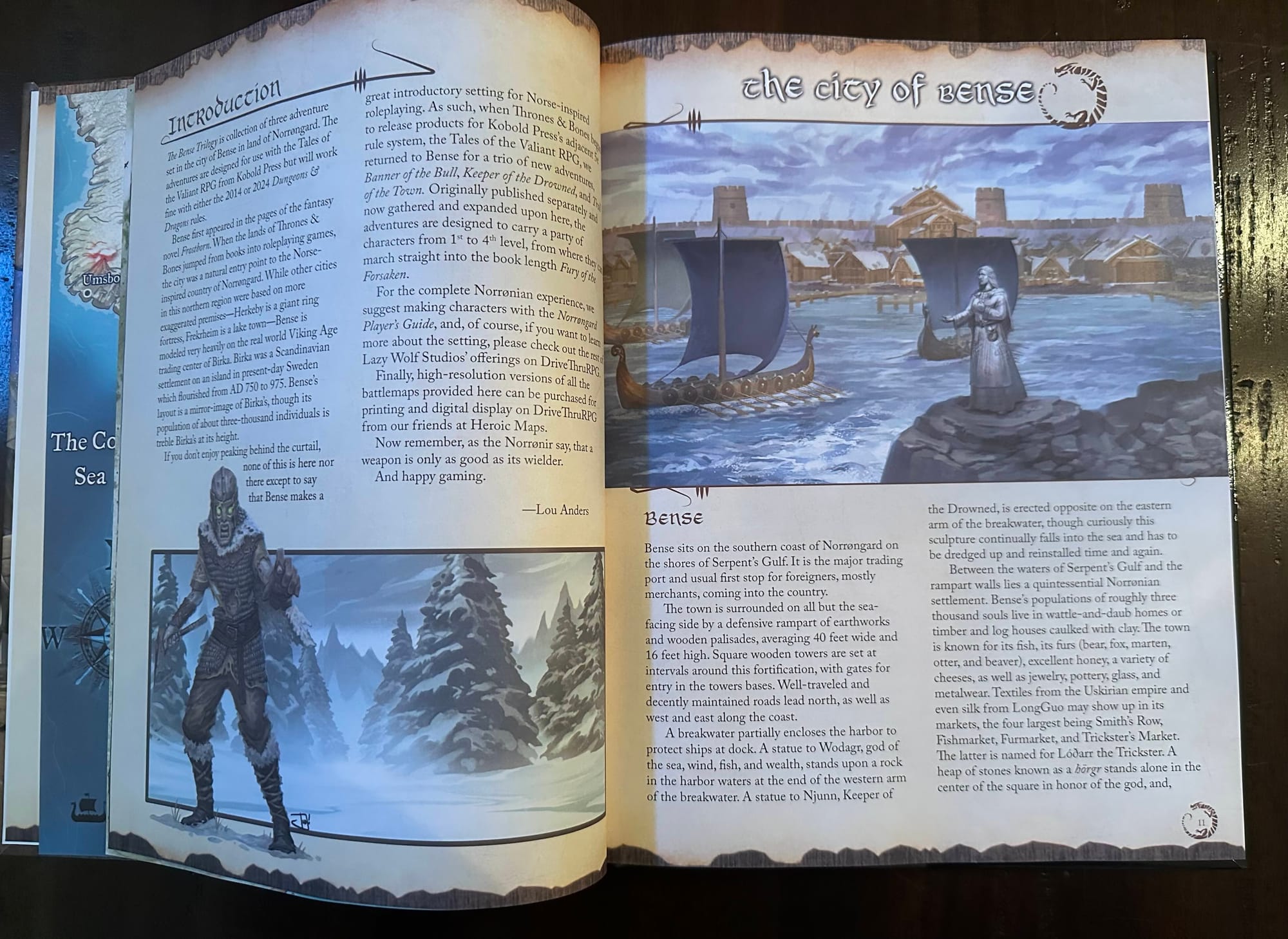 Page on the left has the introduction and a picture of a draugr. Page on the right has "The City of Bense" section, with an image of a longship sailing into a harbor.