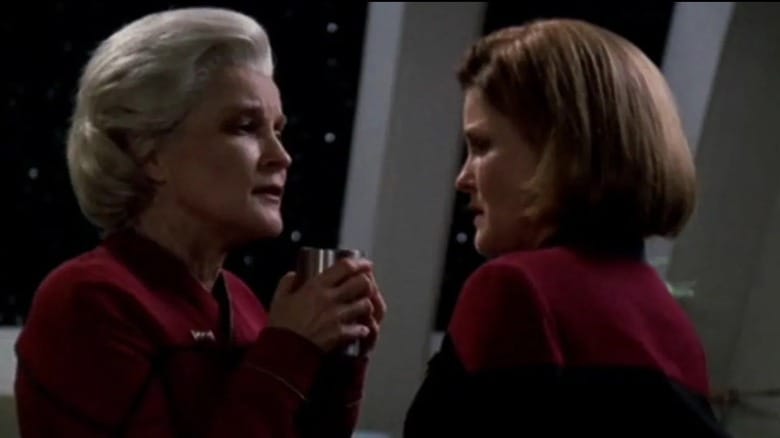 Captain Janeway speaking with her older self, Admiral Janeway.