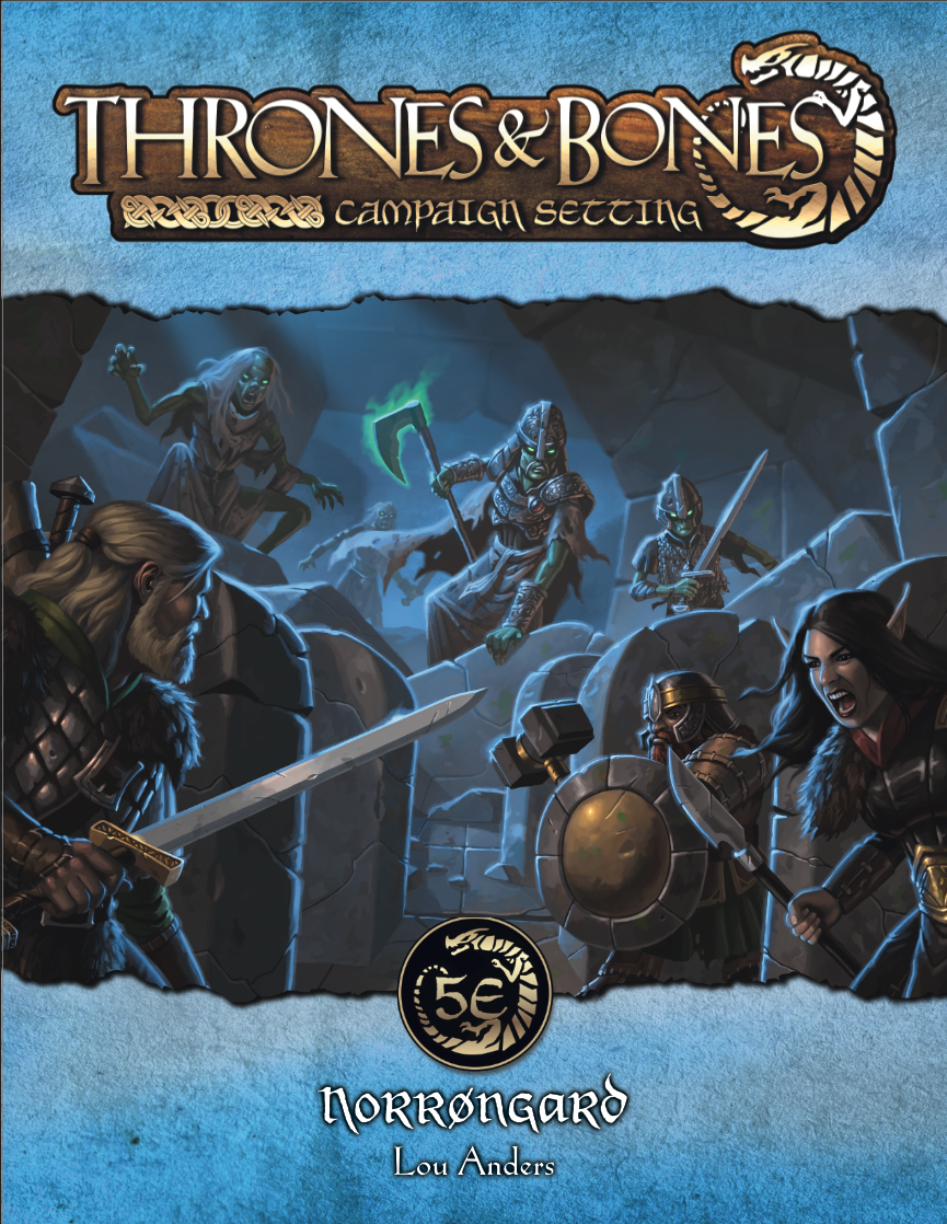 The cover of the Norrøngard campaign setting, depicting Nordic heroes confronting draugr in a tomb.