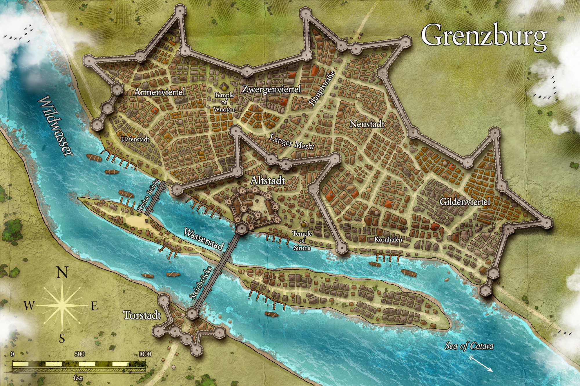 The city of Grenzburg, safe behind star-shaped walls and with a bridge that spans a river, island in the middle, before terminating in a small fortress on the opposite bank.