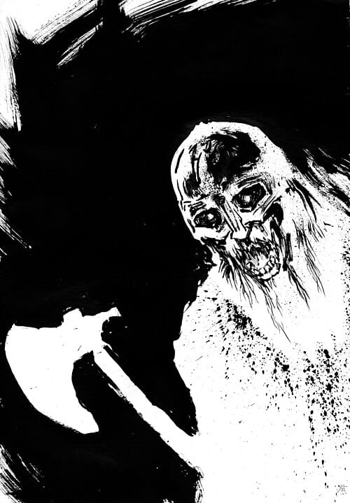 A black-and-white close-up drawing of a helmeted warrior, its face looking dead and decayed but mouth fiercely open and eyes glowing in dark sockets. It bears an axe rendered simply as white space in the darkness.