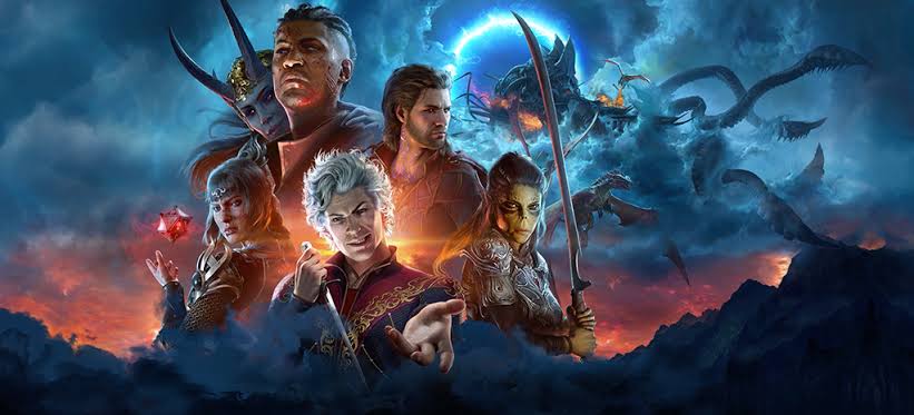 The party from Baldur's Gate 3 superimposed on the skyline over a mountain range.