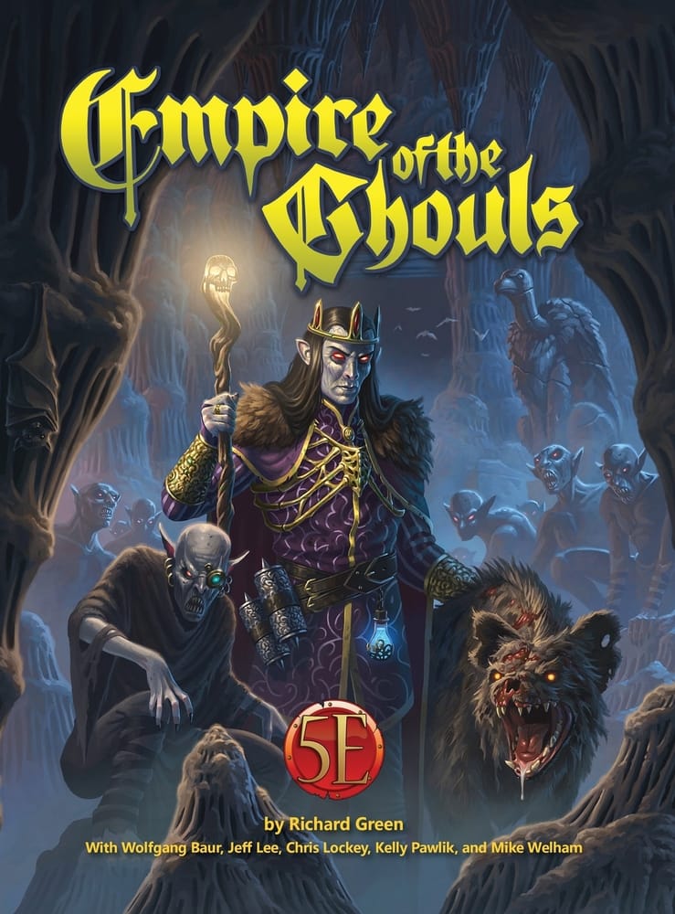 The Ghoul Emperor stands with a ghoul lack3y and an undead canine, surrounded by his minions in a cave.