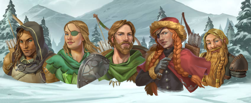 Five nordic character busts against a snowy backdrop