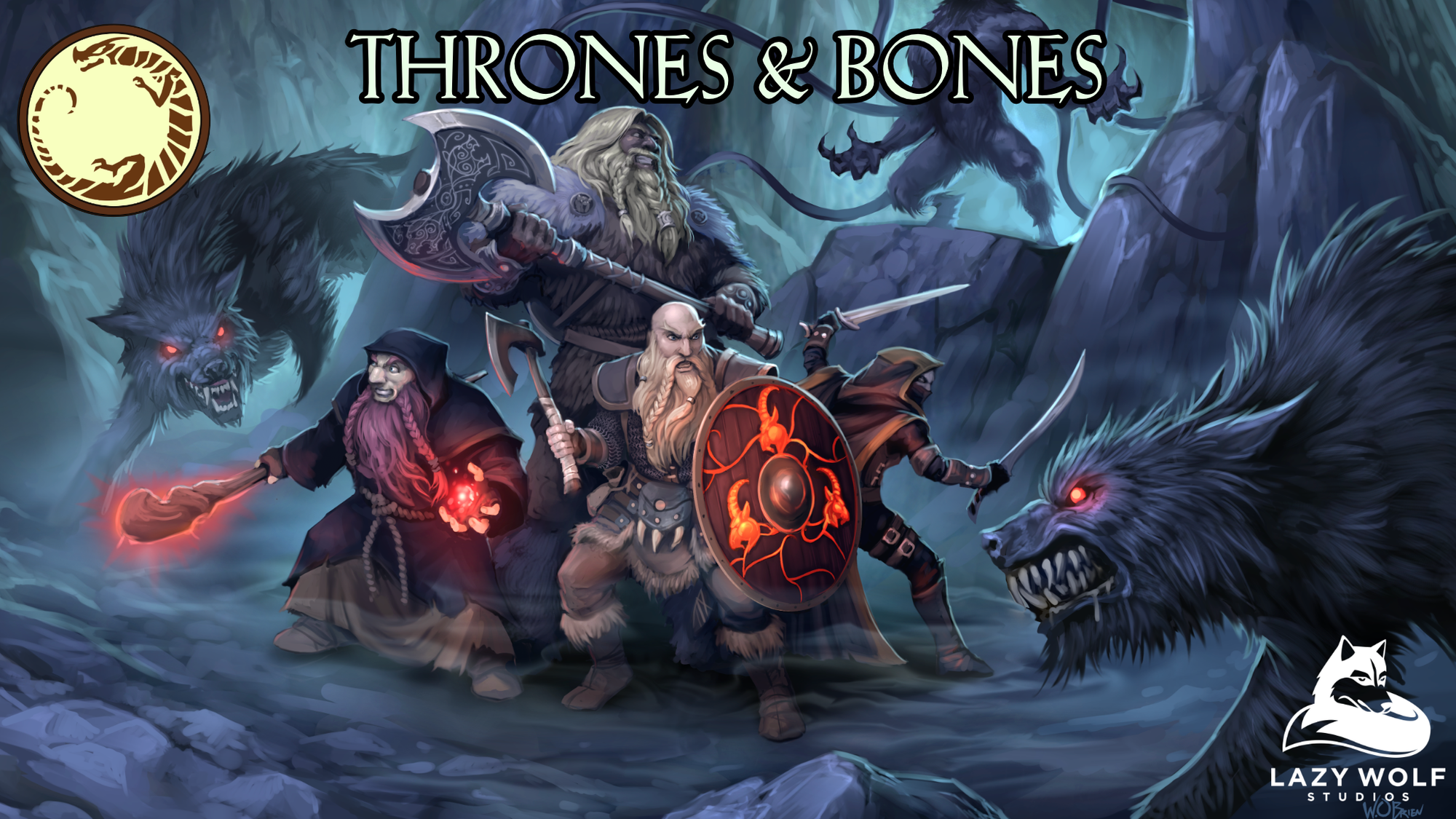 Nordic heroes facing off against wolf monsters in a cave.