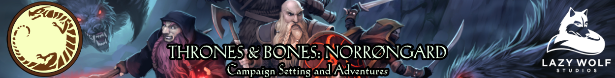 Nordic characters behind "Thrones & Bones: Norrøngard - Campaign Setting and Adventures". Lazy Wolf logo.