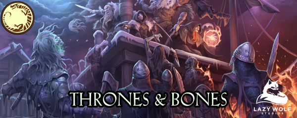 Image of undead swarming heroes defending a pier. "Thrones & Bones" text.