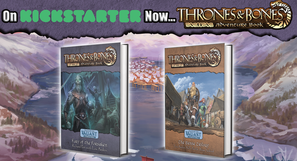 Two hardcover books superimposed on a lake town in a fjord. "On Kickstarter Now..."