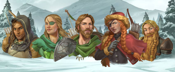 Five characters against a snowy background