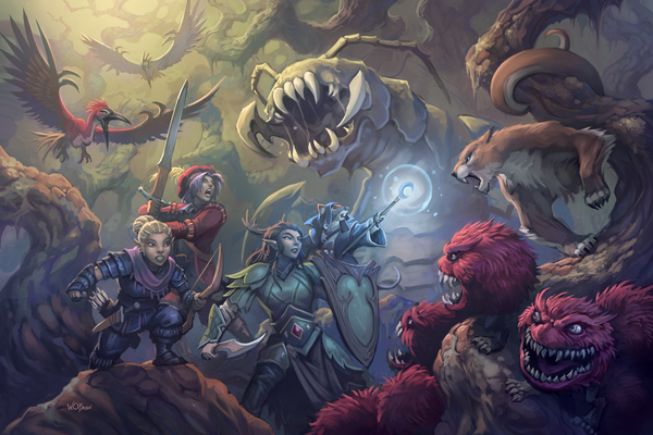 Four heroes (one of whom is a mouse) confront a variety of monsters, including vicious birds, a giant centipede, and tatzelwurm, and some red furballs with wide mouths and sharp fangs.