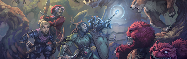 Four adventurers confront red fuzzy balls of teeth.