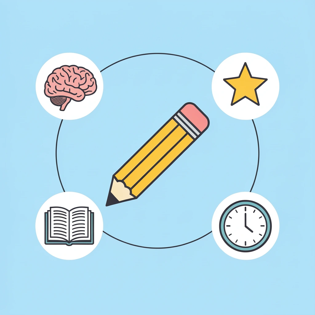 Central worksheet icon connected to four surrounding skill icons: fine motor skills, cognitive focus, neural pathways, and school readiness