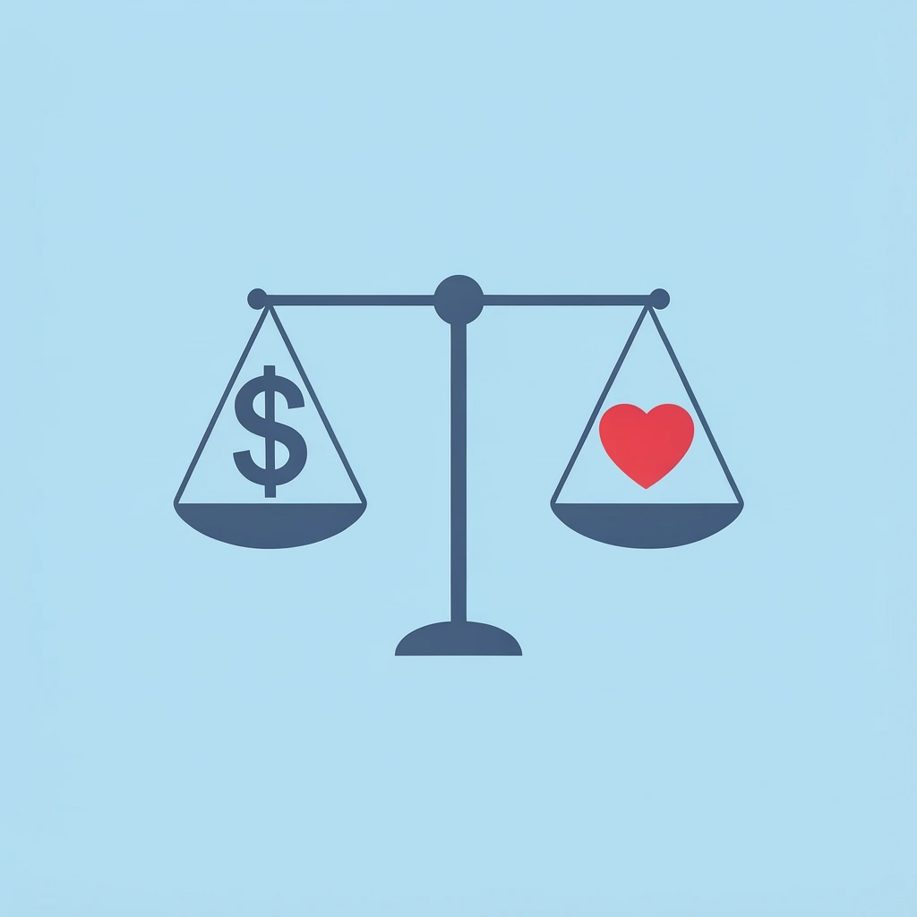 Balance scale comparing expensive decorations on one side with personal touches on the other