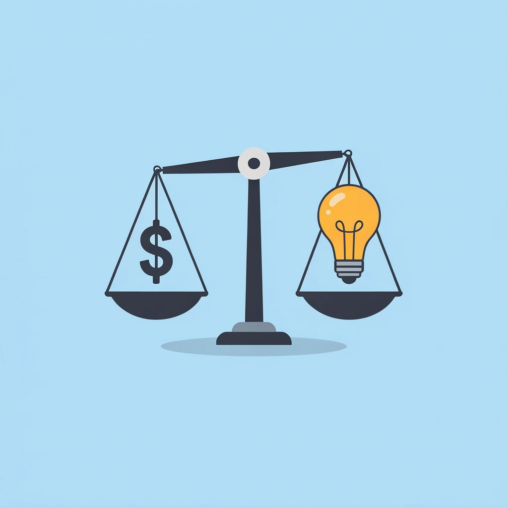 Balance scale comparing costly decorations and favors on one side versus meaningful personal recognition on the other