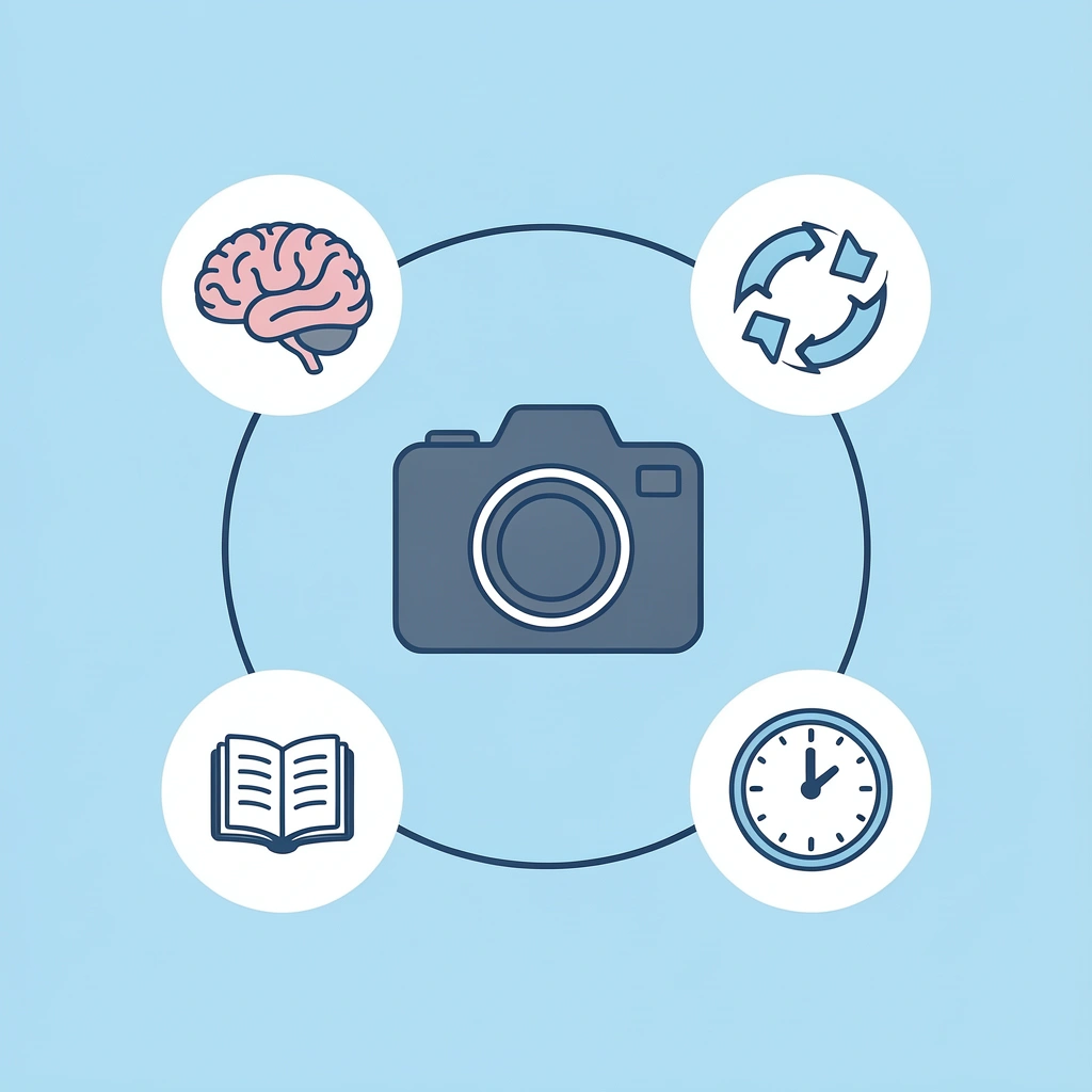 Central self-portrait icon connected to artistic skills, self-awareness, emotional intelligence, and social skills