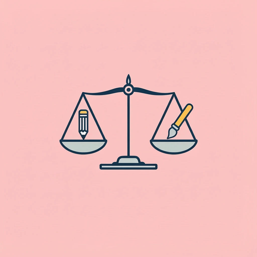Balance scale showing structured worksheet activities on one side and hands-on learning and creative play on the other side in equilibrium