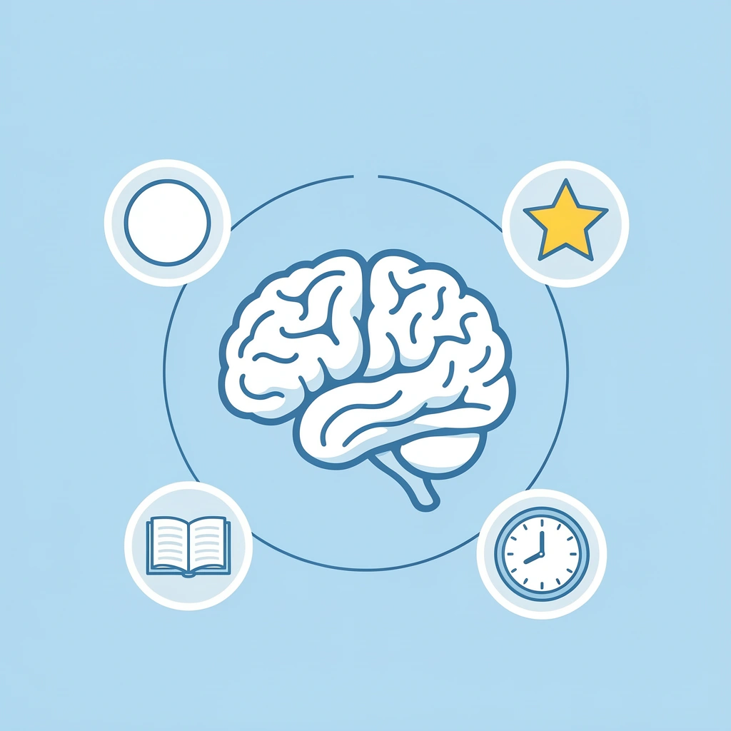 Brain development hub showing four interconnected developmental domains: thinking skills, social skills, emotions, and physical abilities