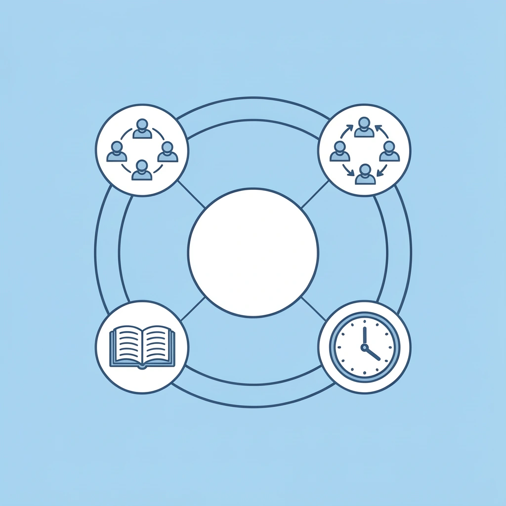 Central hub showing six preschool learning areas (physical development, thinking skills, language learning, social-emotional skills, creative expression, cultural understanding) connected by lines to show how they interconnect