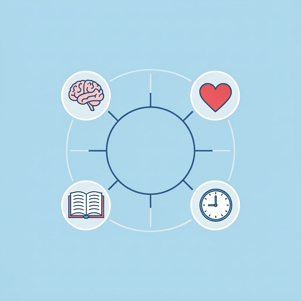 Central preschool icon connected to four surrounding icons representing cognitive, social, emotional, and physical development areas