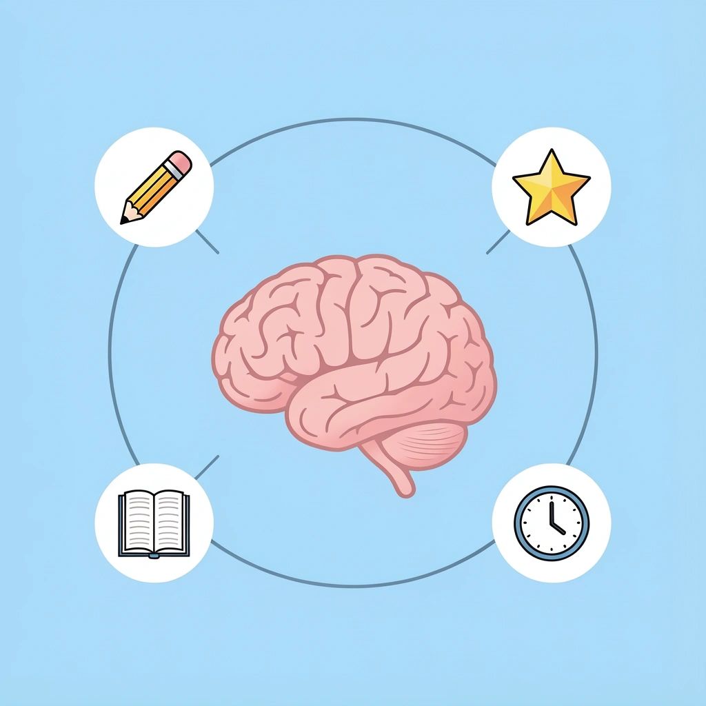Central icon of fine motor skills connected to four surrounding benefits: motor control, cognitive development, writing readiness, and academic success