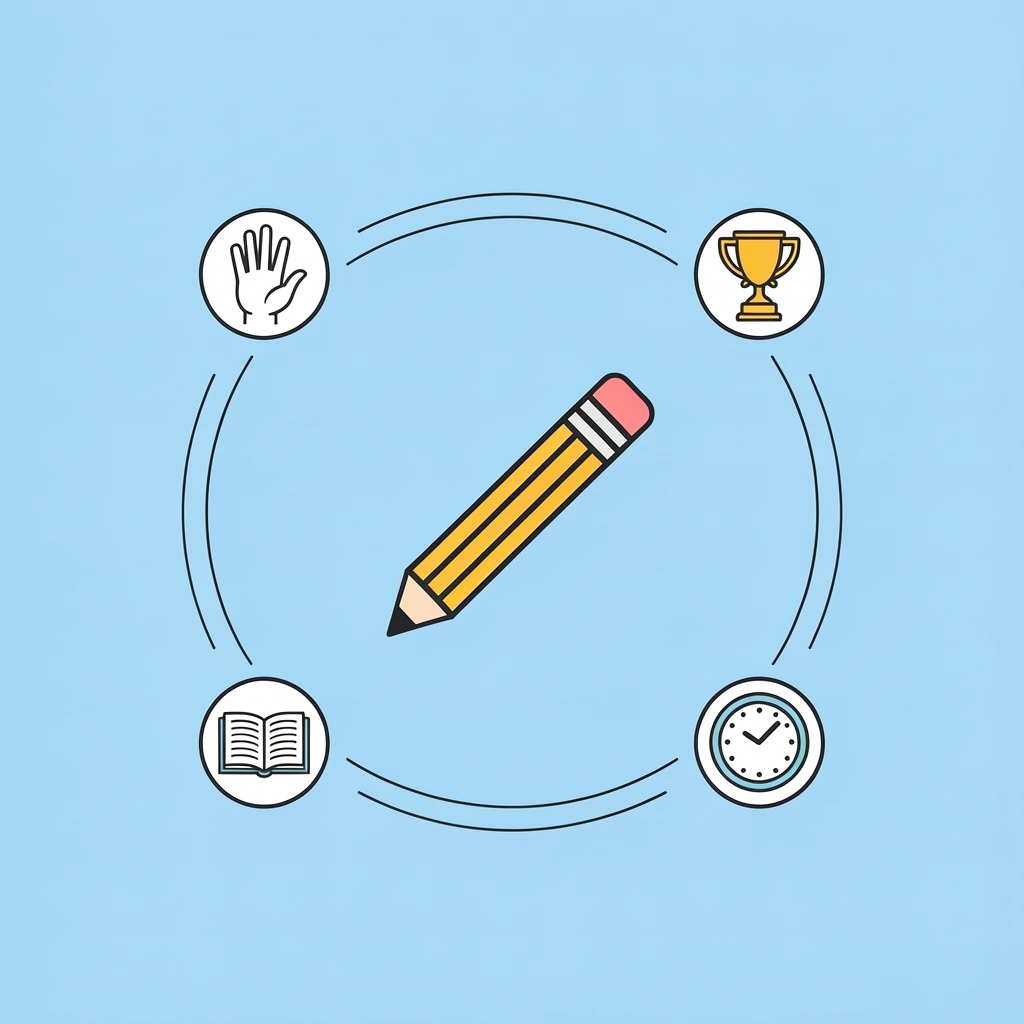 Central letter tracing icon connected to five surrounding benefits: hand strength, pencil grip, shape recognition, muscle memory, and writing confidence