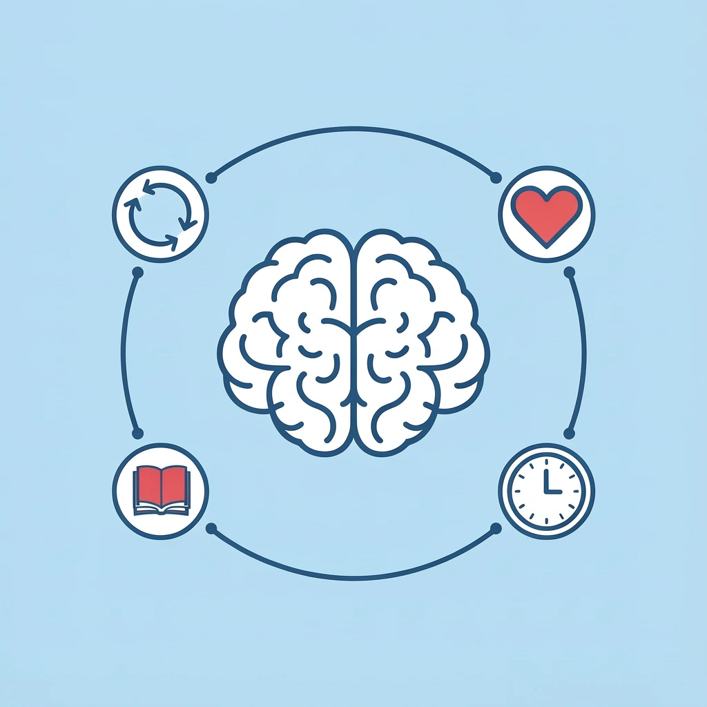 Central icon of movement song connected to three surrounding icons representing physical coordination, language development, and neural connections