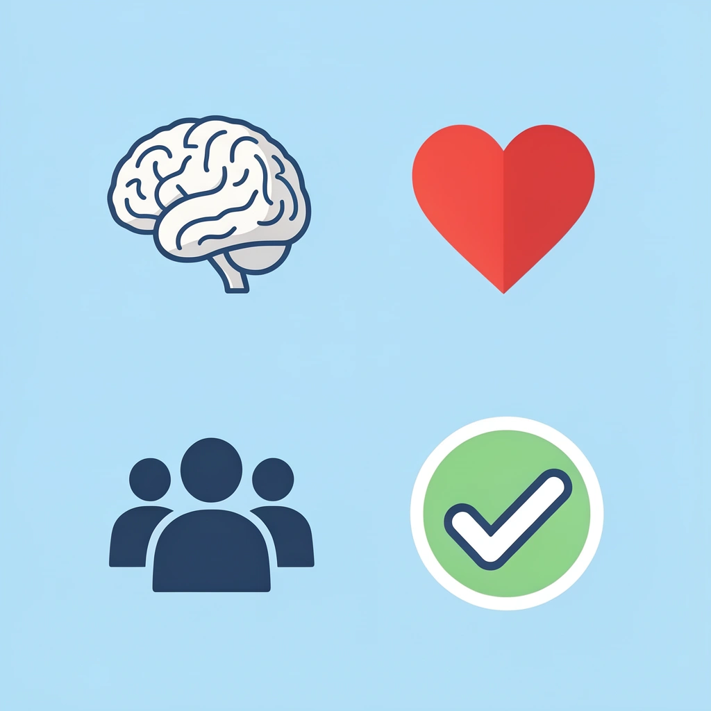 Four-square grid showing icons for brain development, body movement, social interaction, and memory retention