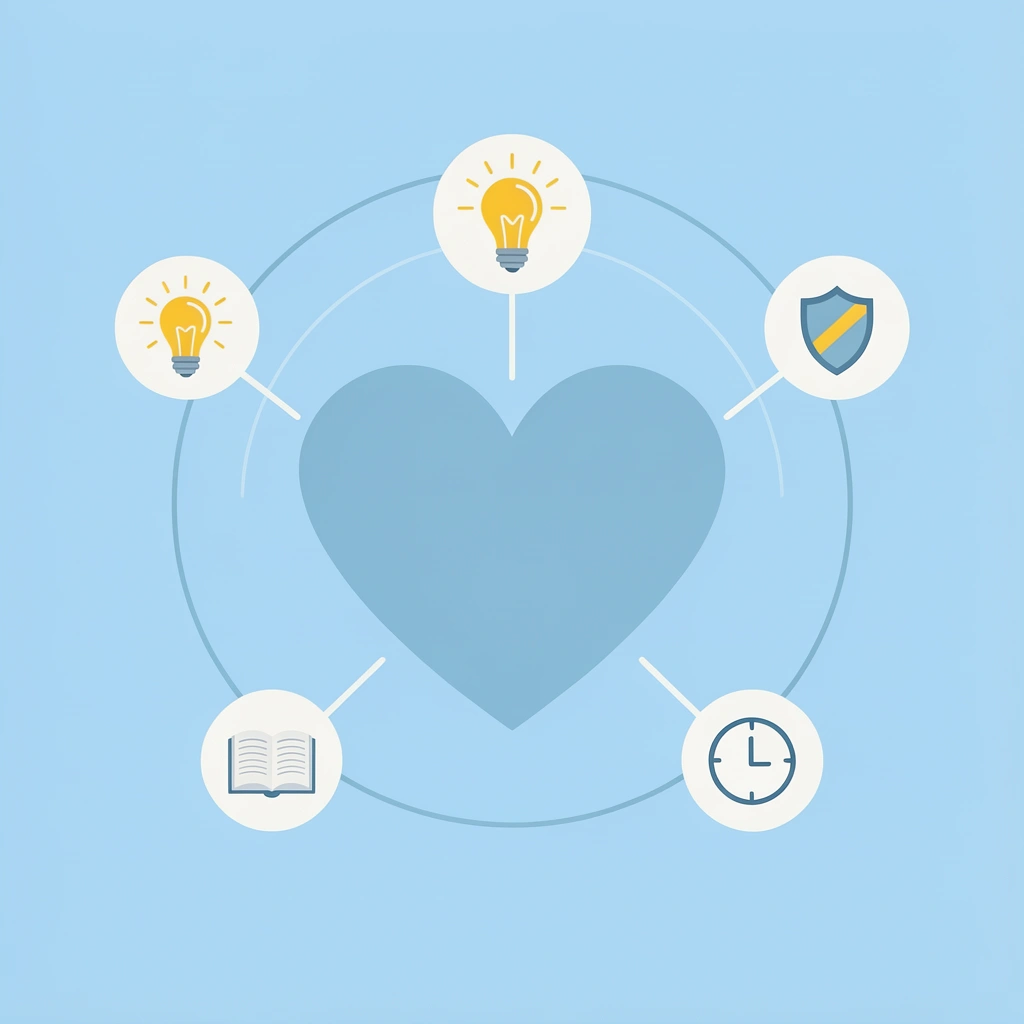 Central icon of a child connected to four pillars: emotional safety, exploration, confidence, and learning from mistakes