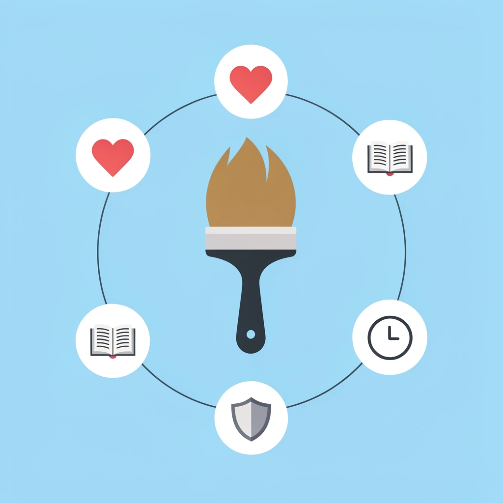 Central coloring page icon connected to four surrounding benefits: control, familiarity, emotional anchor, and anxiety reduction