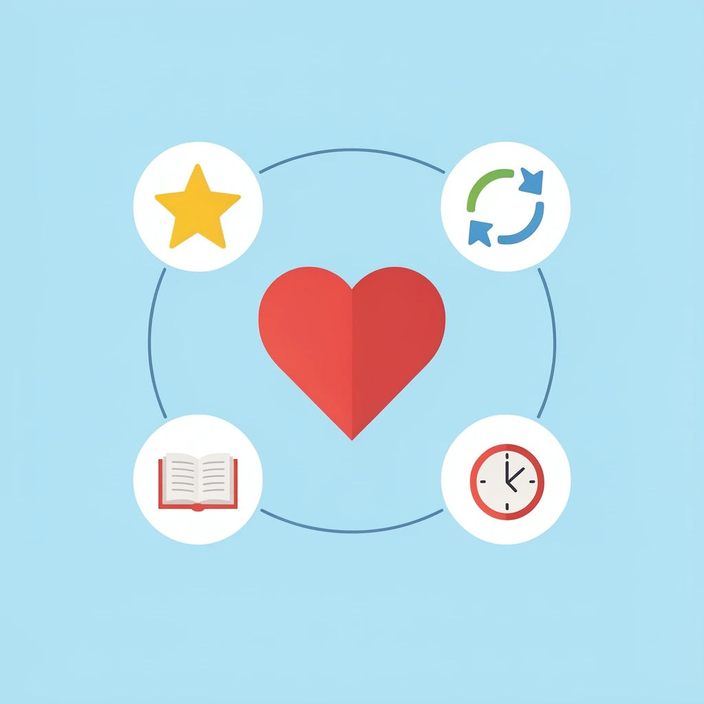 Central Valentine craft icon connected to four surrounding icons representing fine motor skills, creative expression, emotional understanding, and meaningful context
