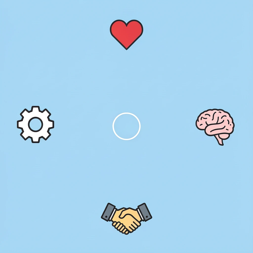 Four directional icons showing physical activity, social interaction, emotional balance, and cognitive thinking as equal priorities