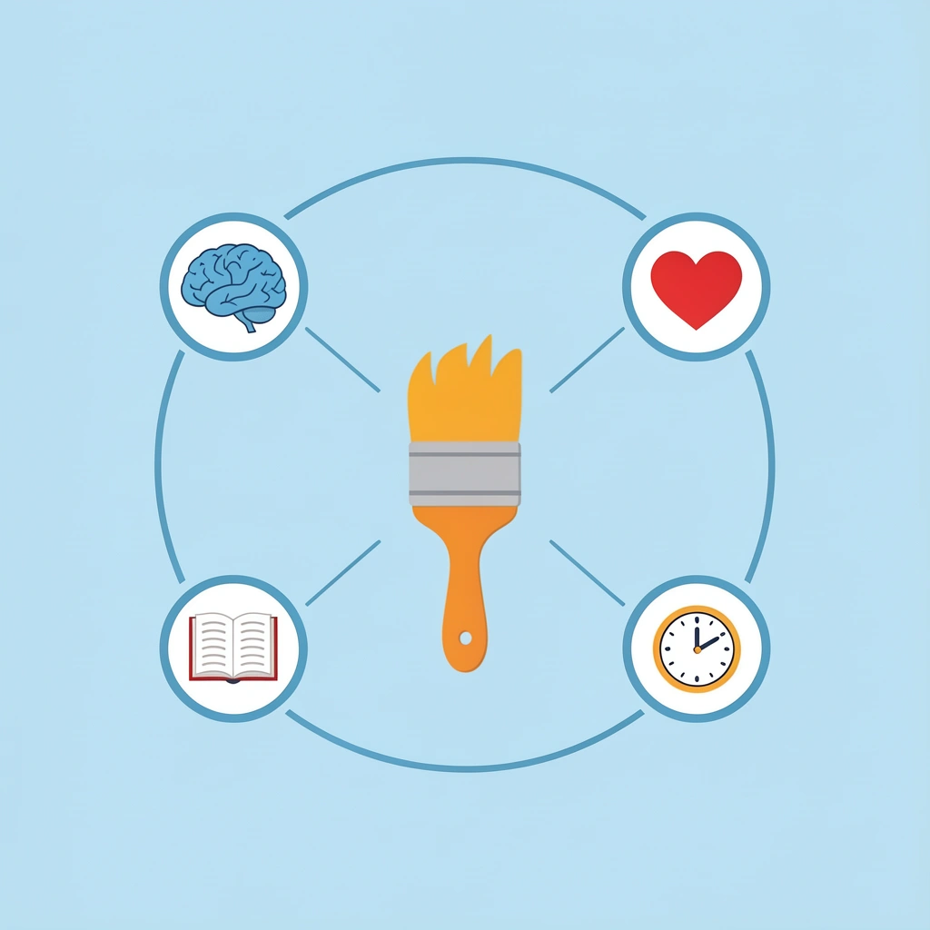 Central art palette icon connected to three surrounding icons representing motor skills, cognitive development, and emotional intelligence