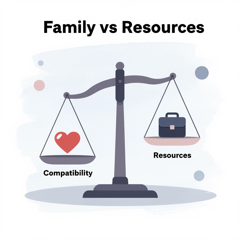 Balance scale comparing family compatibility against available resources