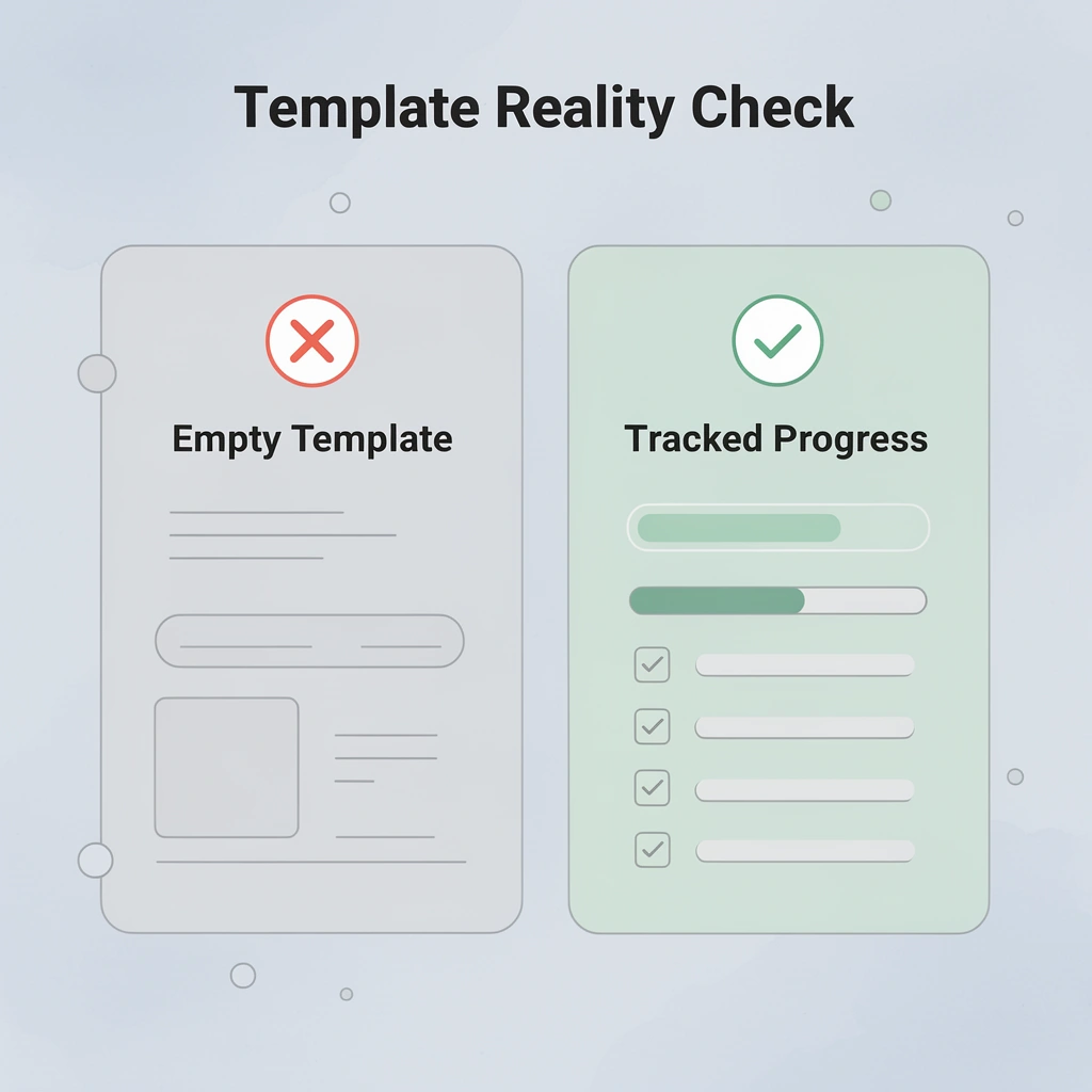 Before and after comparison showing empty template versus tracked progress