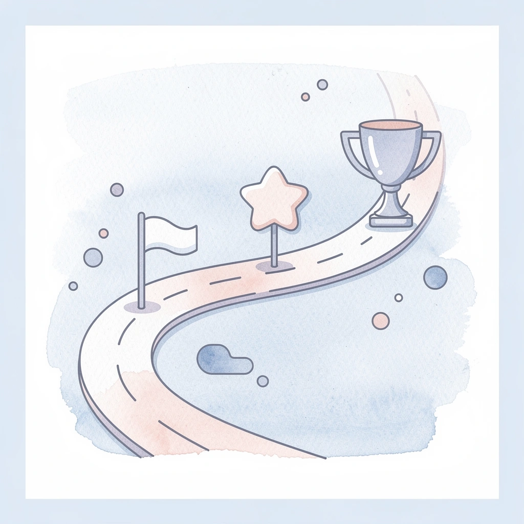 Winding path with milestone markers representing academic journey and growth