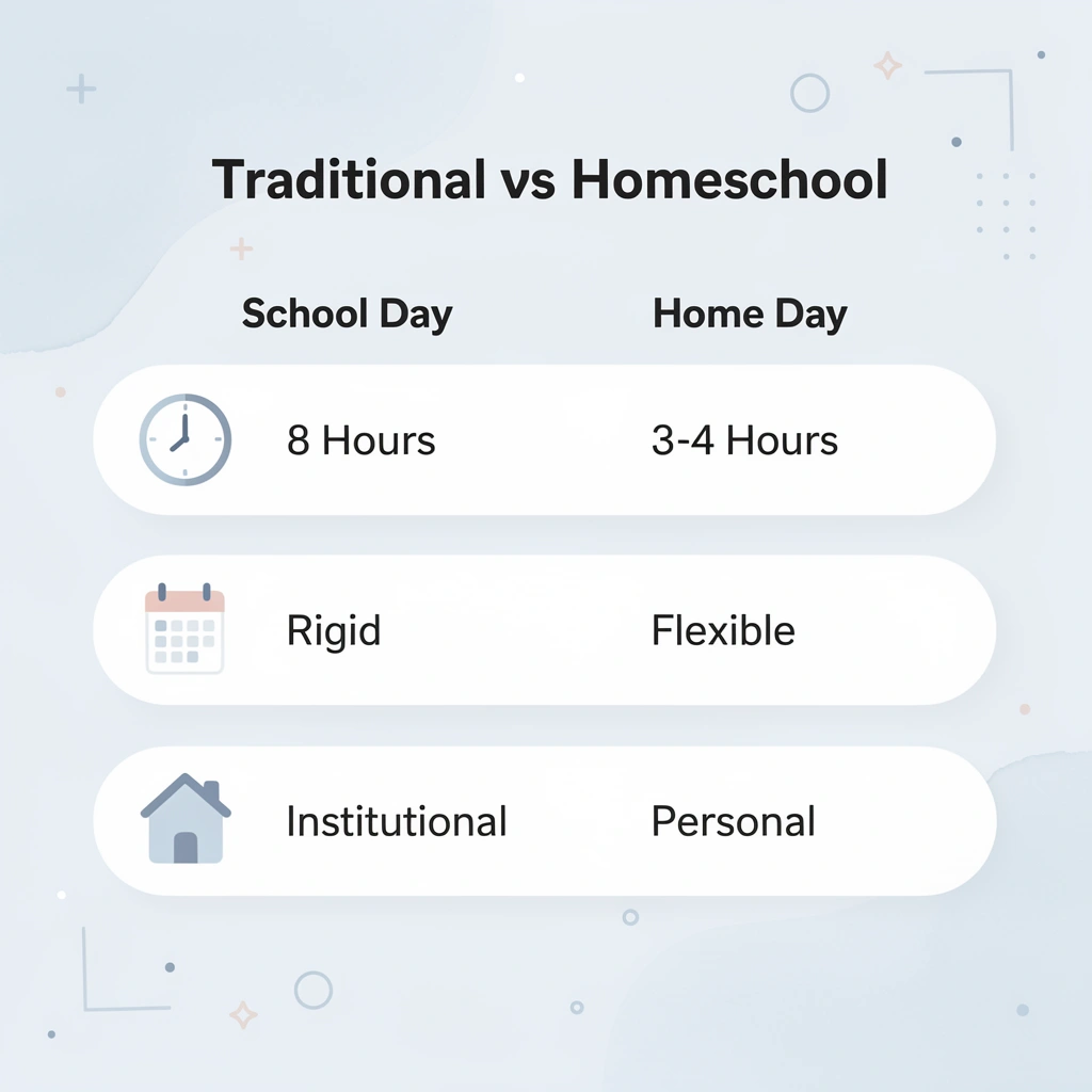 Comparison chart showing traditional school day versus homeschool day differences