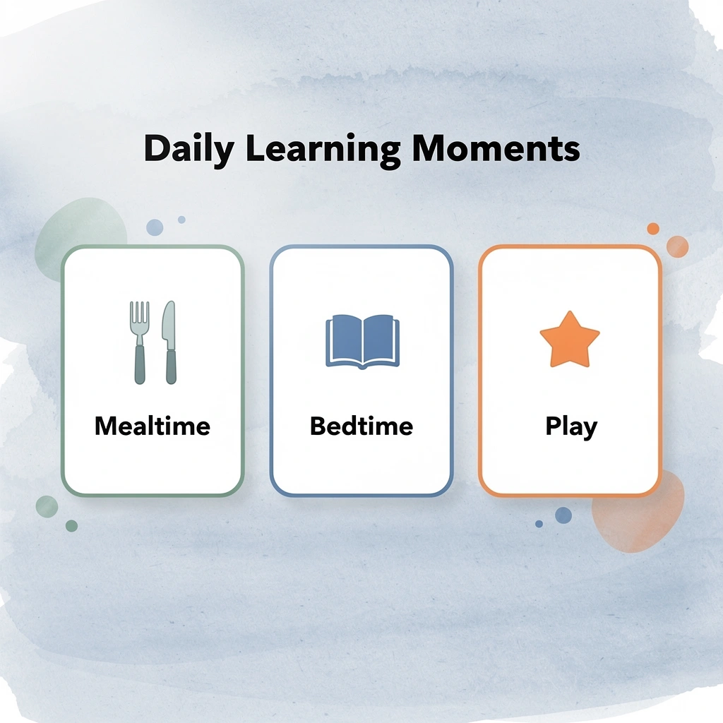 Three cards showing daily learning opportunities: mealtime, bedtime, and play
